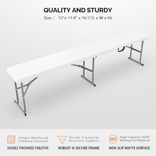 Bonnlo 6 FT Plastic Folding Bench with Handle, Sturdy Metal Frame, Perfect fo...