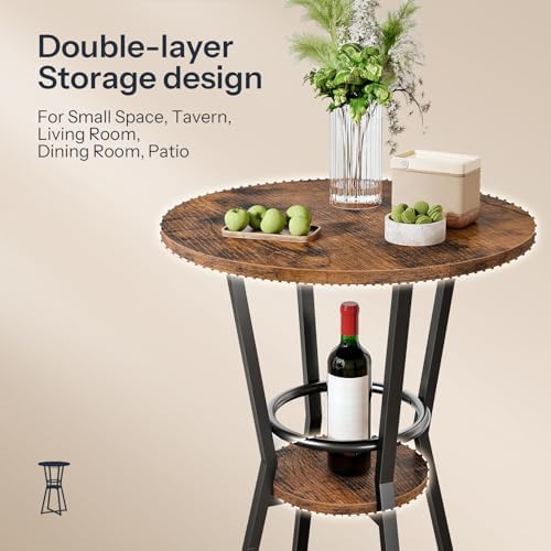 HOOBRO Round Bar Table, 2-Tier Counter Height Pub Table with Wine Glass Holde...
