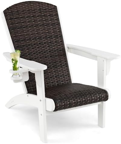 Tangkula Patio Wicker Adirondack Chair, HDPE Lounge Chair w/Rattan Padded Sea...