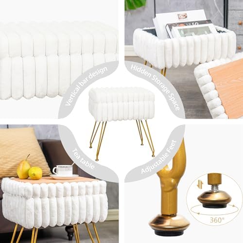 xuperbonus Faux Fur White Vanity Stool Chair with Storage Ottoman, Vanity Cha...
