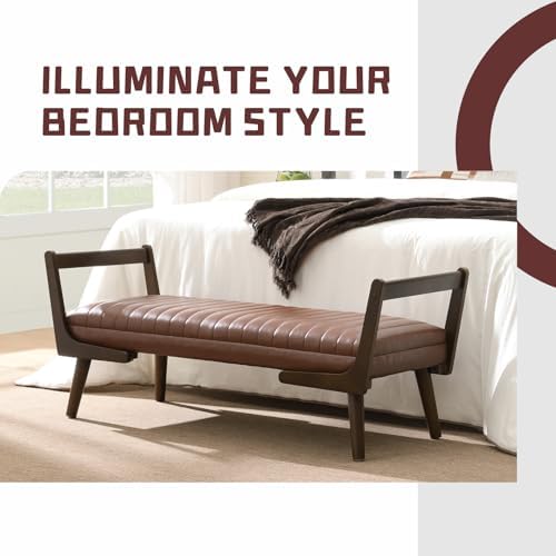 52" Upholstered Bench, Brown Faux Leather, Walnut Legs