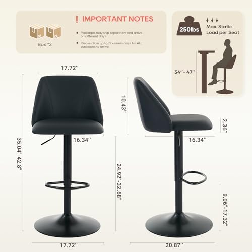 COLAMY Bar Stools Set of 4, Modern Swivel Bar Chairs, Adjustable PU Leather U...