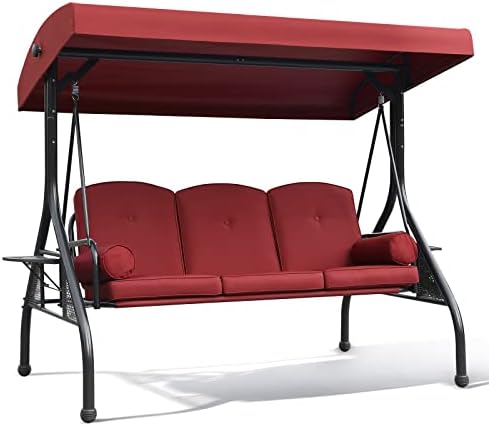 NOBLEMOOD 3-Seat Patio Porch Swing with Adjustable Canopy & Side Trays