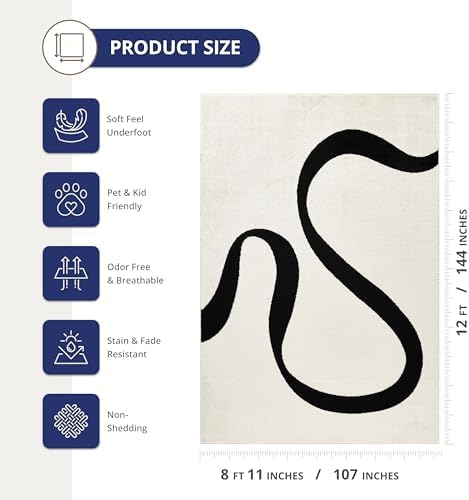 Abani Black and Cream Area Rug | 9' x 12' White Abstract Swirl Wave C...