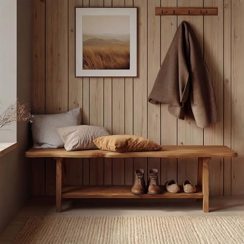 55-Inch Solid Wood Entryway Bench, Farmhouse Long End of Bed Bench with Live-...