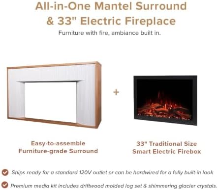 Modern Ember Arrie Smart Electric Fireplace Mantel Package | 33” Firebox Heat...