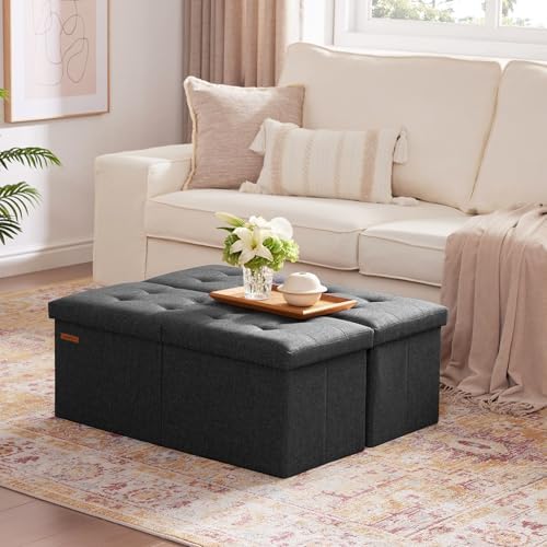 HAUSFRAU Ottoman with Storage Bench Folding Foot Rest Stool Linen Gray