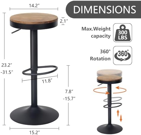 Kidol & Shellder Black Bar Stools Set of 2 Adjustable Swivel Backless Bar...