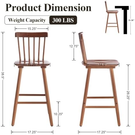 Windsor Bar Stools Set of 2, 26 Inch Counter Height Barstools Wooden Barstool...