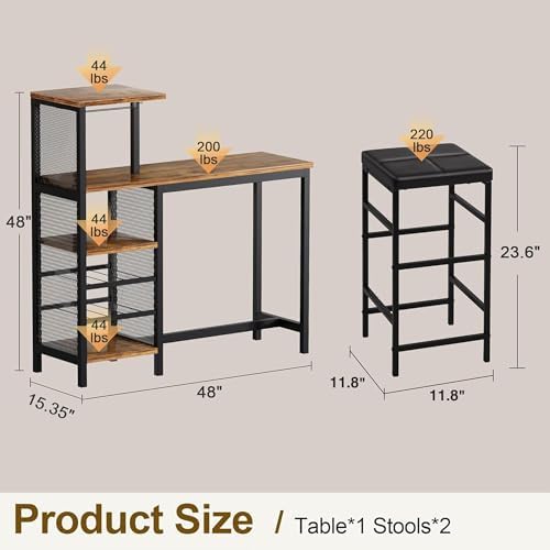 VECELO Bar Table and Chairs Set for 2, 3-Piece Dining Set with Storage Shelve...