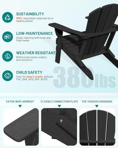 PLUUV Adirondack Chair Set of 2, Fire Pit Chairs with Cup Holder, Black