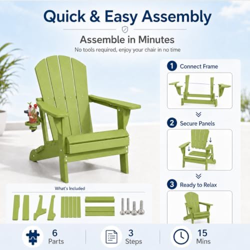 Folding Adirondack Chairs Set of 6 with Cup Holders, Heavy Duty HDPE Plastic ...