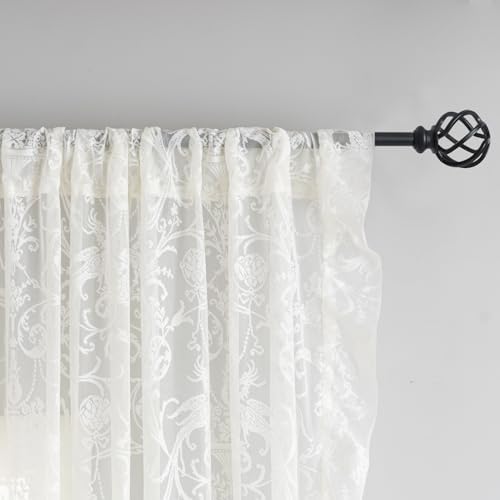 TUDECO Ruffle Curtains 2 Panels - Vintage Tulle Floral Lace Cream Sheer Curta...
