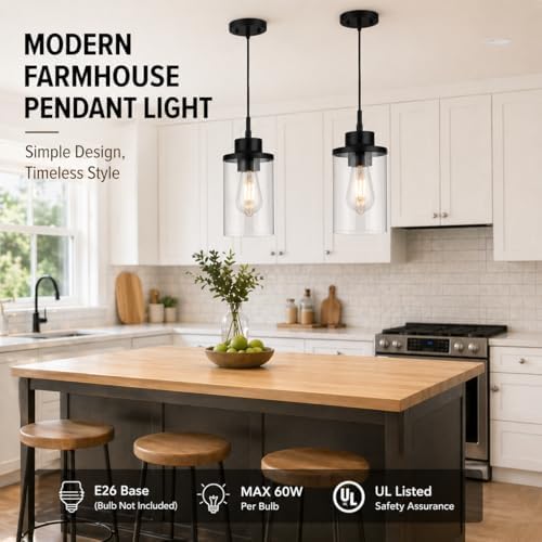 Black Farmhouse Clear Glass Cylinder Pendant Light, Modern Hanging Fixture (3...