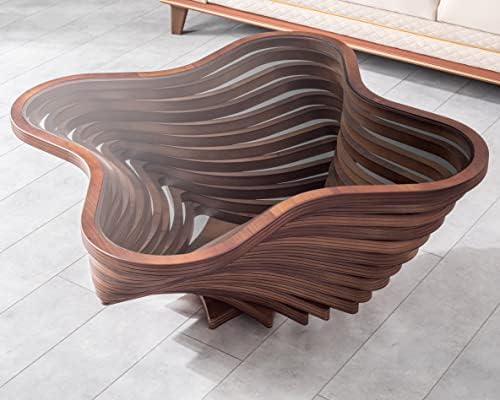 Papella Design Modern Coffee Table – Natural Walnut Veneer, Tempered Glass To...