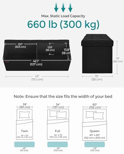 SONGMICS 43.3 Inches Folding Storage Ottoman Bench, Load 660 lb
