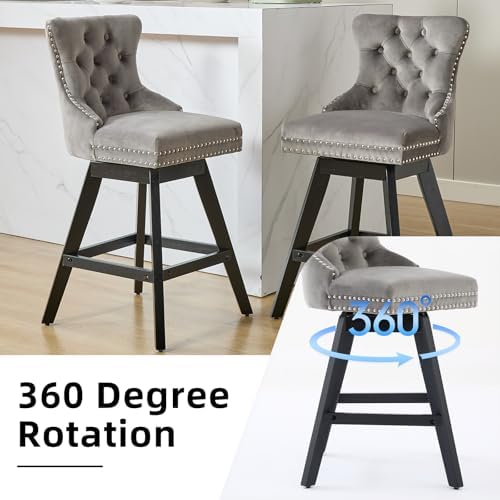 Grey Velvet Bar Stools Set of 2, 26" Swivel Counter Height Chairs