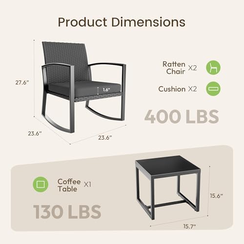 Rocking Patio Bistro Sets - All-Weather - 3 Piece Rattan Conversation Furnitu...