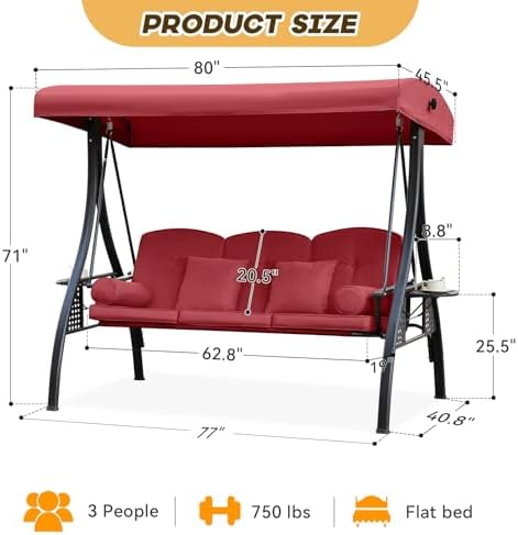 3 in 1 Outdoor Porch Swing with Adjustable Canopy, 3 Seat Outdoor Swing for A...