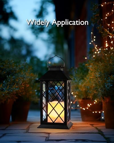 Homemory 2 Pack 13'' Black Solar Lanterns, Flickering Flame Hanging L...