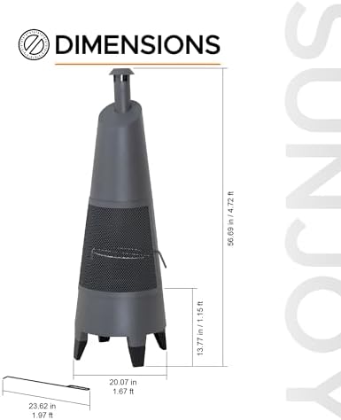 SUNJOY 57 Inch 2-in-1 Chiminea Fire Pit & Grill - Grey Metal Outdoor Chim...