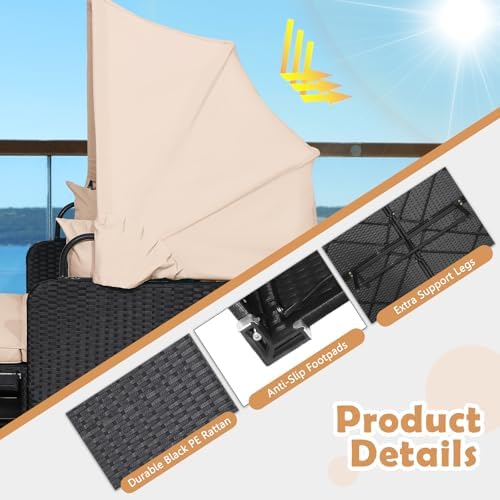 Moccha Outdoor Daybed with Retractable Canopy, Wicker Cabana with 2 Side Tabl...