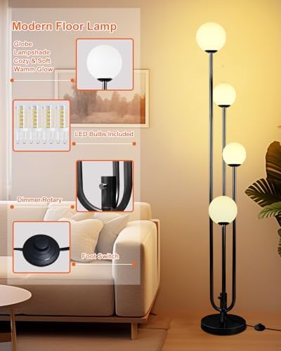 63IN 4-Light Dimmable Floor Lamp, Unique Black Tall Standing Lamps with Globe...
