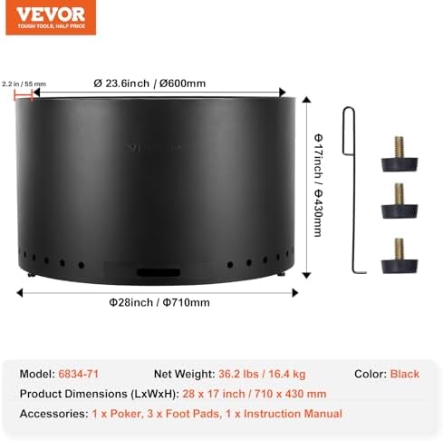 VEVOR Smokeless Fire Pit Stove Bonfire, H: 17 in x Dia: 28 in,Wood Burning Fi...