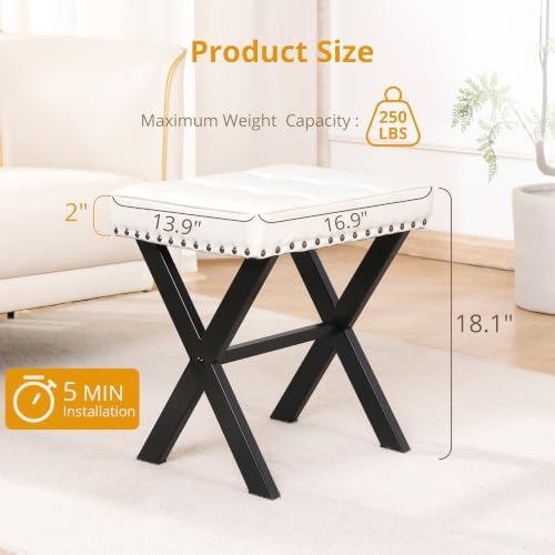 LUE BONA White Vanity Stool - Square Faux Leather Makeup Seat With Metal X Le...