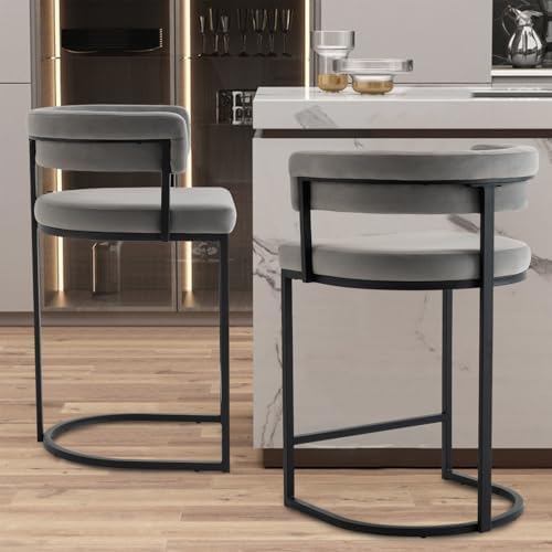 Set of 2 Grey Modern Velvet Bar Stools with Barrel Backrest, Upholstered Seat...