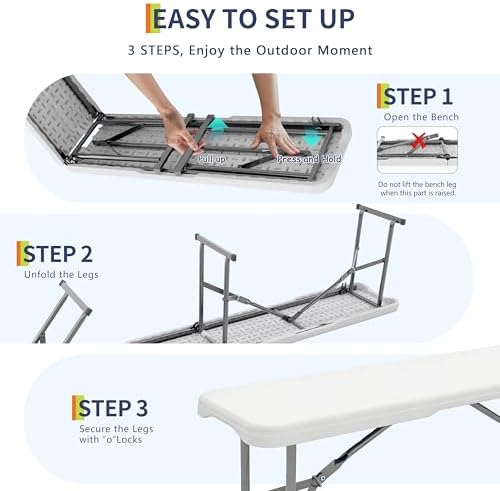 Portable Folding Bench 6 Foot, Plastic Foldable Bench, White