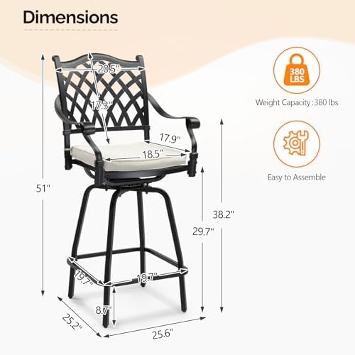 VINGLI Outdoor Swivel Bar Stools Set of 2, Cast Aluminum All-Weather Patio Ba...