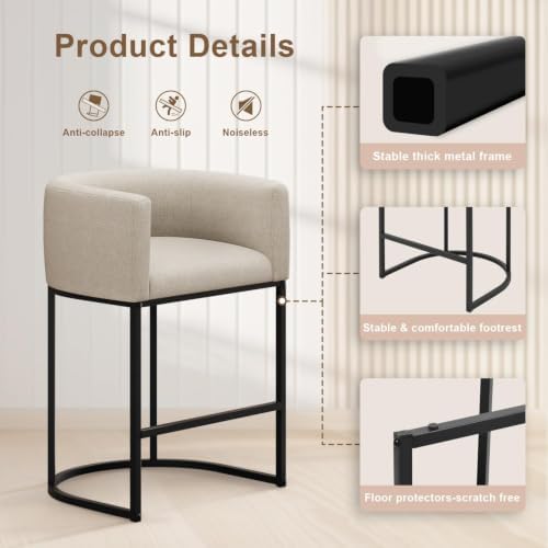 26" H Counter Height Bar Stools Set of 2, Modern Barrel Counter Stools w...