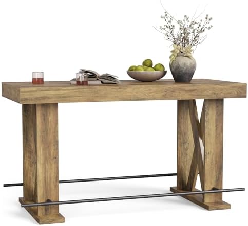 LITTLE TREE 63" Bar Table, Pub Table with Metal Footrest (Rustic Brown,1)
