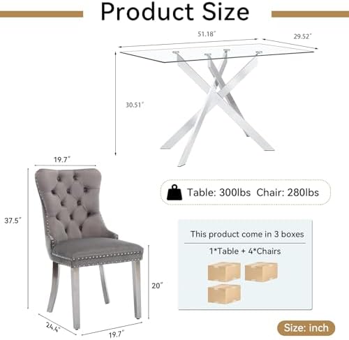 5 Piece Glass Dining Table Set Modern Glass Dining Table Set for 4, 51" ...