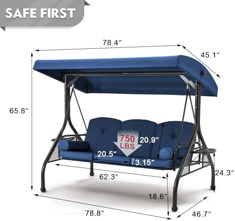HOMREST 3 Seat Porch Swing with Adjustable Canopy, Patio Swing with Stand