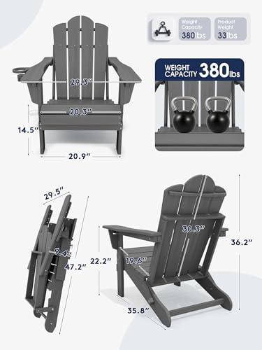 KINGYES Adjustable Adirondack Chairs Set of 2, Folding Outdoor Chair, Gray