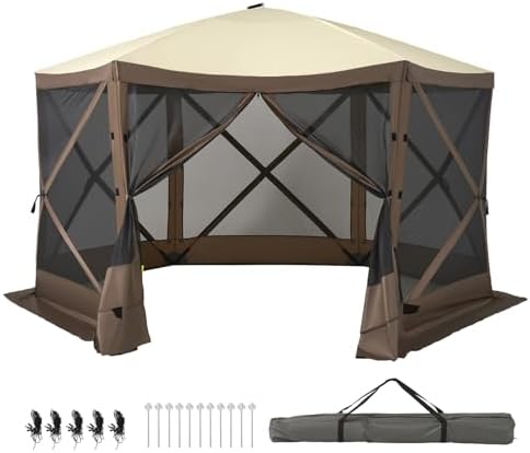 Aoxun 12x12ft Pop Up Canopy Tent, Camping Gazebo Screen Tent, Brown