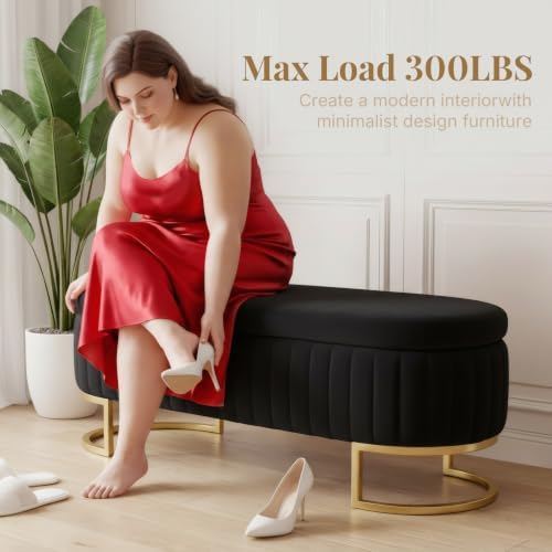Velvet Storage Bench for Queen Size Bed, 46'' Black Oval Ottoman, Gol...