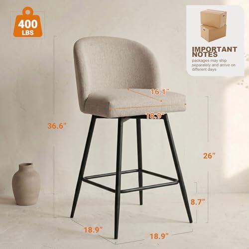 Counter Height Bar Stools Set of 2, 360° Swivel Upholstered Barstools with Ba...