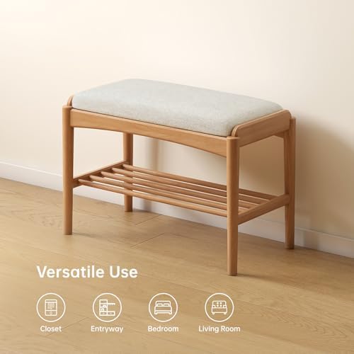 Solid Wood Shoe Bench, Shoe Rack Bench Assembled with Cushion for Entryway, H...