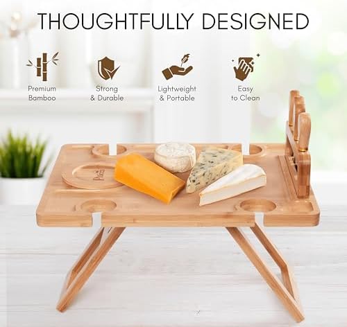 Charcuterie Picnic Table with Wine Glass Holder, Portable Wine & Cheese B...
