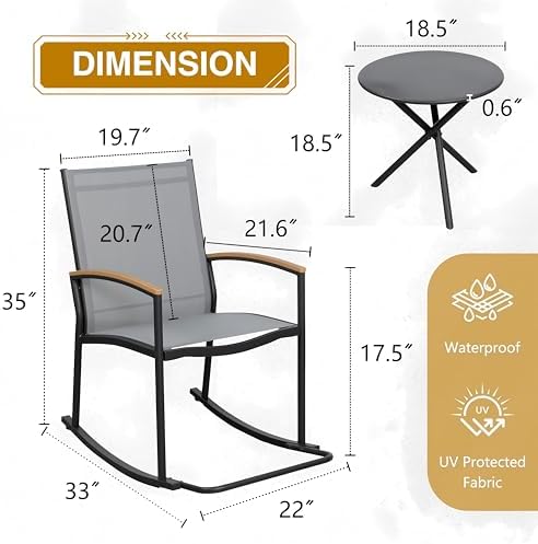 Shintenchi 3 Piece Outdoor Rocking Bistro Set, Textilene Fabric Small Patio F...