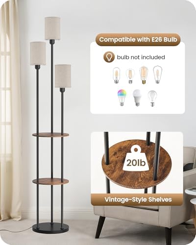 70.9" Floor Lamp with Shelves, Modern Floor Lamp with 3 Linen Shades and...