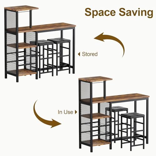 VECELO Bar Table and Chairs Set for 2, 3-Piece Dining Set with Storage Shelve...