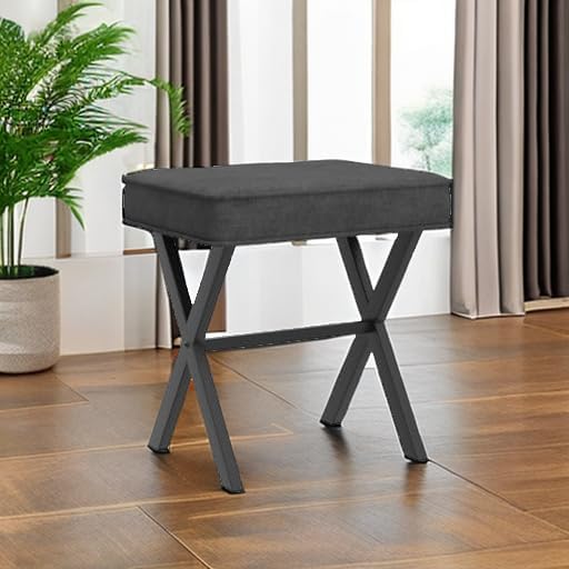 LUE BONA Vanity Stool, Square Linen Makeup Stool with Metal X Legs, Small Ott...