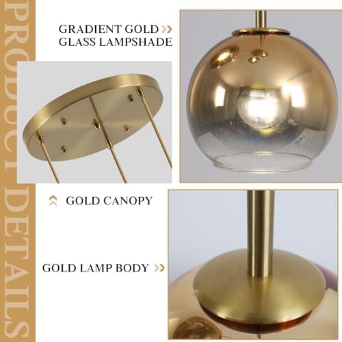 KCO Mid Century Modern 3 Light Gradient Gold Glass Globe Cluster Chandelier