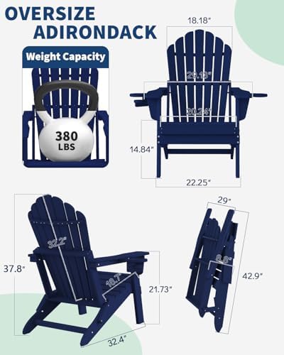 Plawdlik Oversized Folding Adirondack Chair Set of 2, Outdoor Chair, Navy