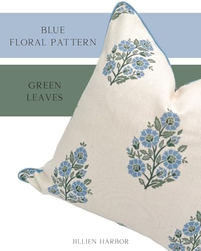 Jillien Harbor “The Camille” Floral Block Print Pillow Cover – Soft Blue and ...