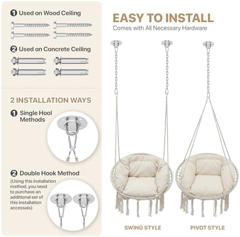 Monibloom Hanging Hammock Chair Macrame Swing with Cushion, Beige
